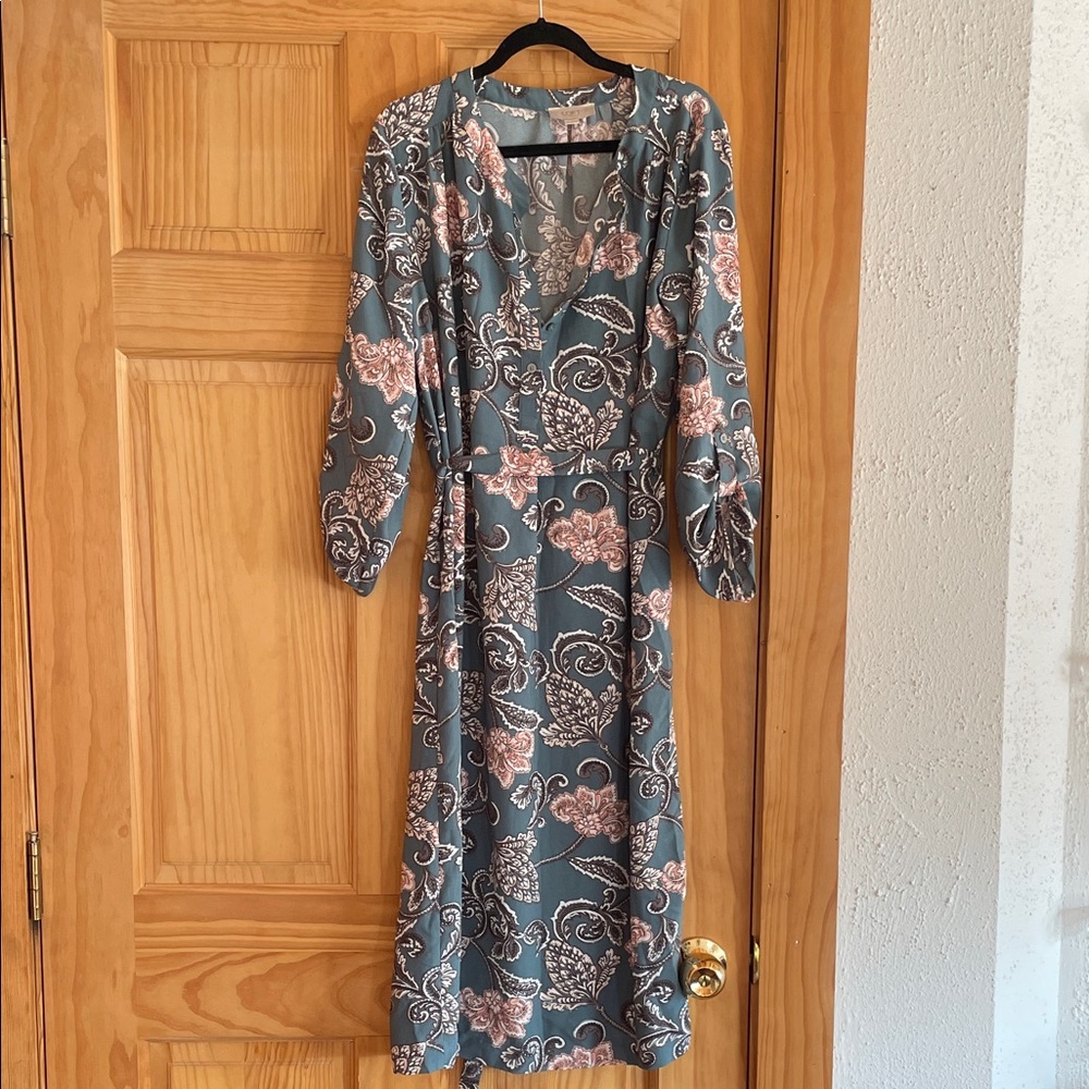 LOFT Teal Floral Wrap Midi Dress with Blush Accents